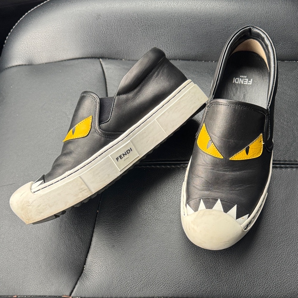 Fendi authentic Black Leather Sneakers with Yellow Accents shoes
